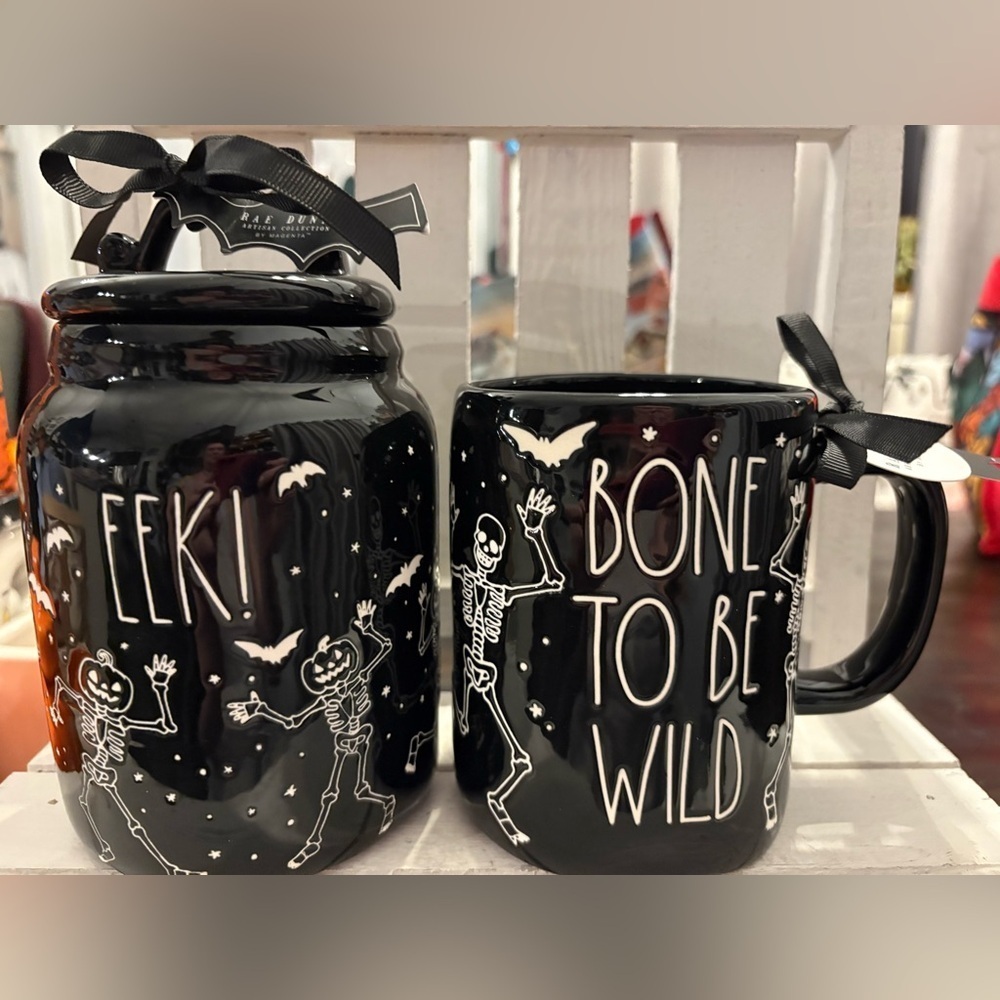 Rae Dunn Black EEK Halloween Skeleton Mug and Baby Canister Set